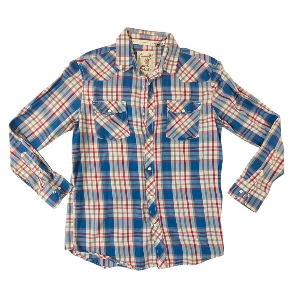 Coastal Mens Western Plaid Pearl Snap Shirt Large Blue Red White Long Sleeve